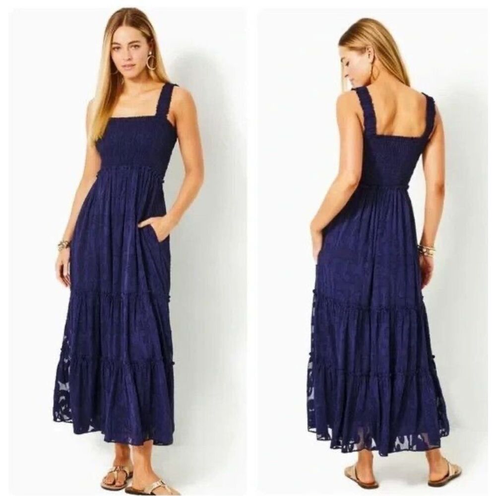 Lilly Pulitzer Hadley Smocked Navy Blue Maxi Dress